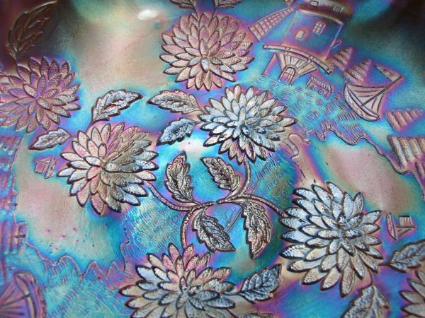 Antique Fenton Powder Blue Chrysanthemum Carnival Glass Bowl