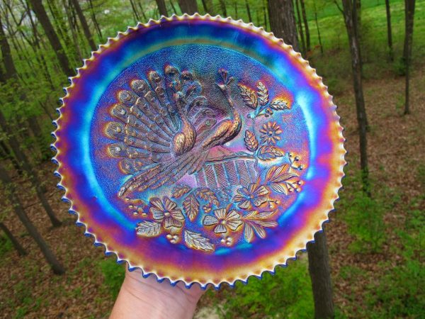 Antique Northwood Blue Stippled Peacocks Carnival Glass Plate