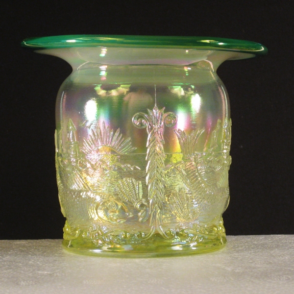 Fenton Vaseline Opal w/Green Crest Seacoast Carnival Glass Spittoon