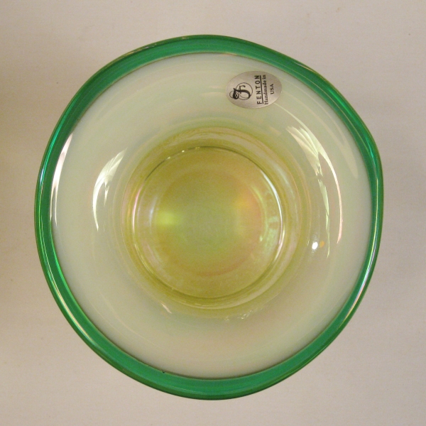 Fenton Vaseline Opal w/Green Crest Seacoast Carnival Glass Spittoon