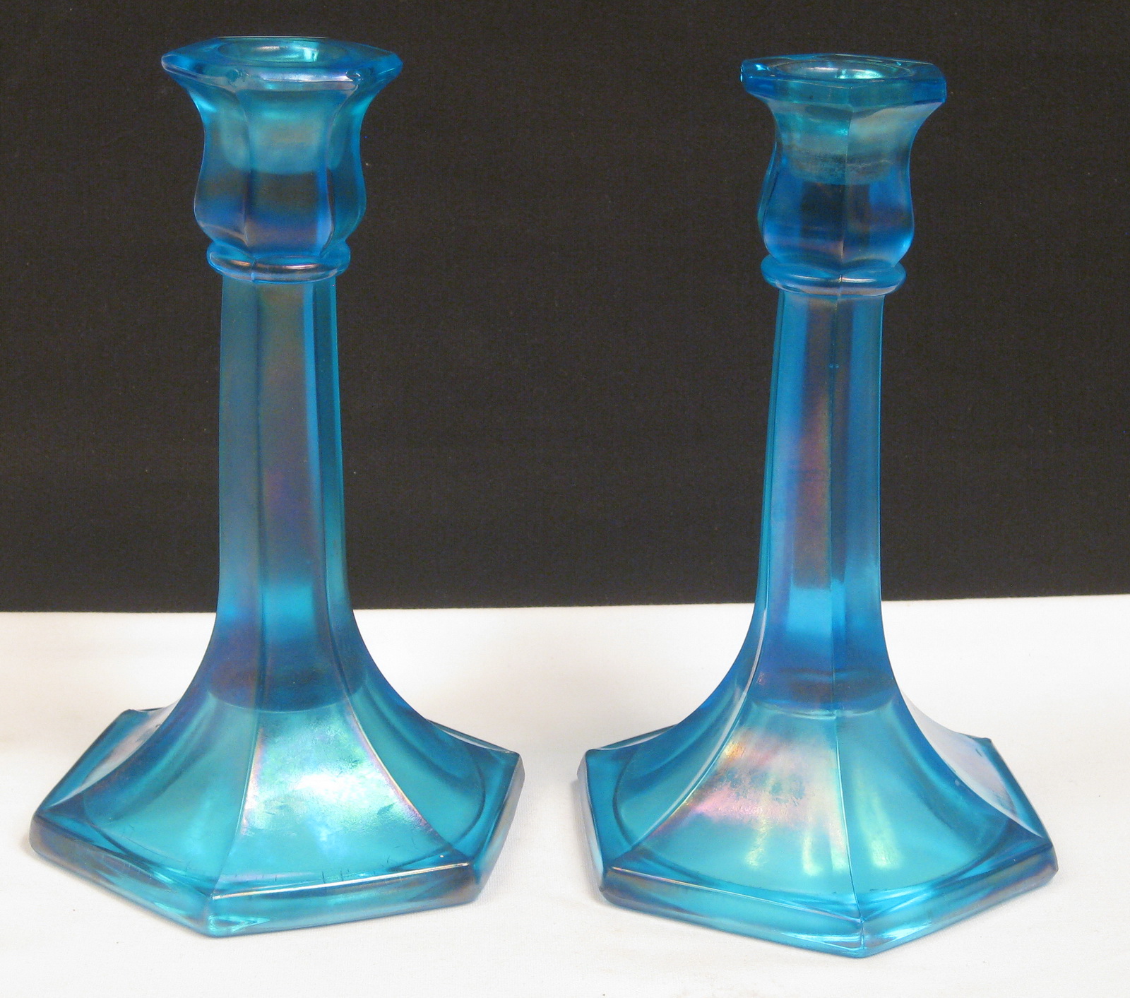 Vintage Blue Carnival Pair of Candle Stick Holders