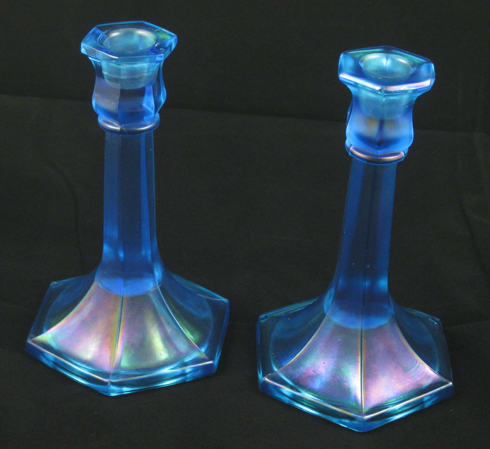 Antique Northwood Sapphire Blue 658 Stretch Glass Candle Sticks