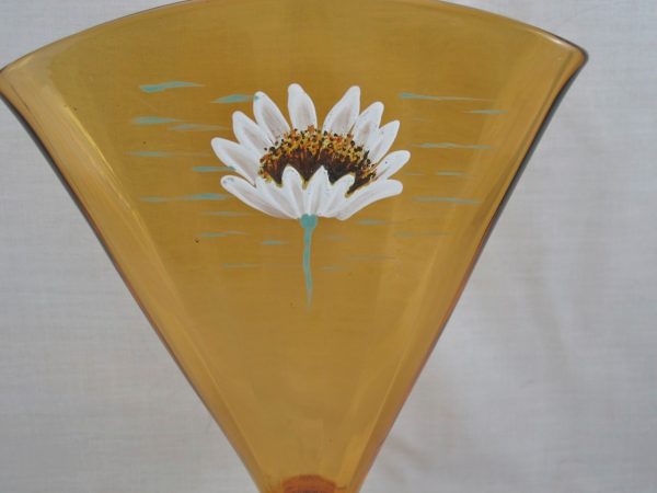 Fenton Amber Daisy Enameled Art Glass Fan Vase