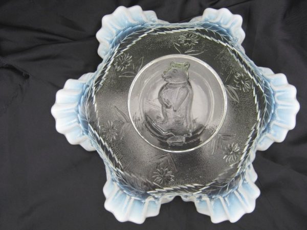 Antique Jefferson White Opal Jolly Bear Opalescent Glass Bowl