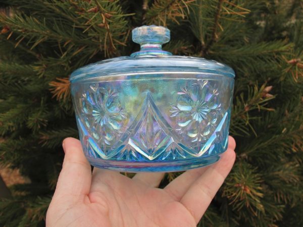 Imperial Lenox Ice Blue Mayflower Carnival Glass Jewelry Box