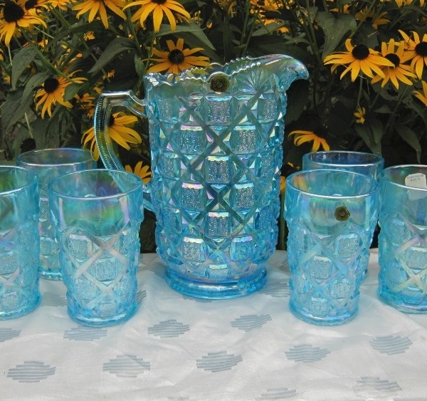 Westmoreland Levay Ice Blue Checkerboard Carnival Glass Water Set