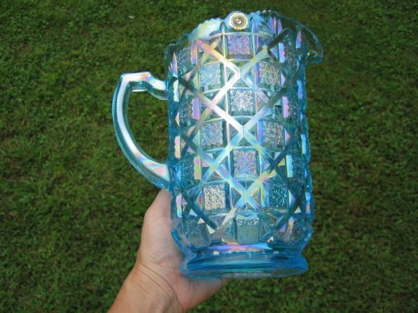 Westmoreland Levay Ice Blue Checkerboard Carnival Glass Water Set
