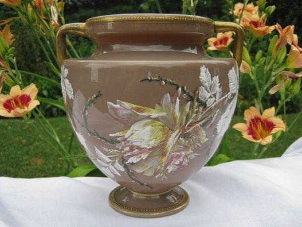 Antique Moser Enameled Rose & Berry Art Glass Urn Handled Vase