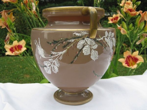 Antique Moser Enameled Rose & Berry Art Glass Urn Handled Vase