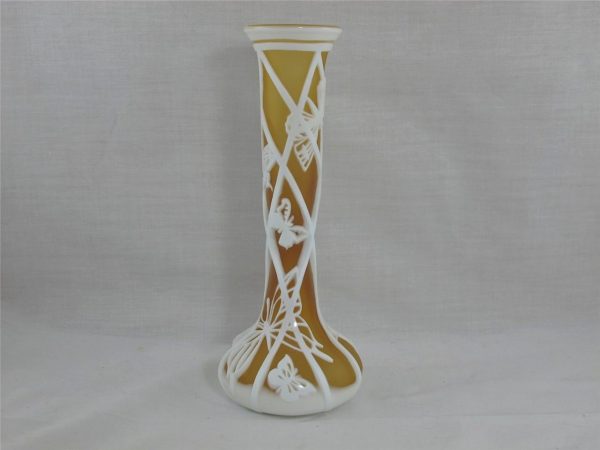 Kelsey Murphy White and Amber Butterfly Art Cameo Glass Vase