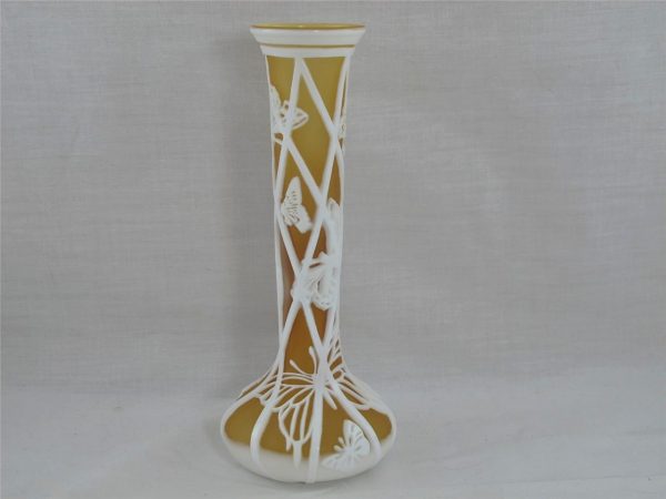Kelsey Murphy White and Amber Butterfly Art Cameo Glass Vase