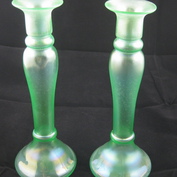 Antique Diamond Green Stretch Glass Candleholder or Vase Pair