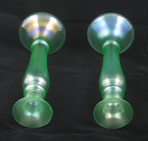 Antique Diamond Green Stretch Glass Candleholder or Vase Pair