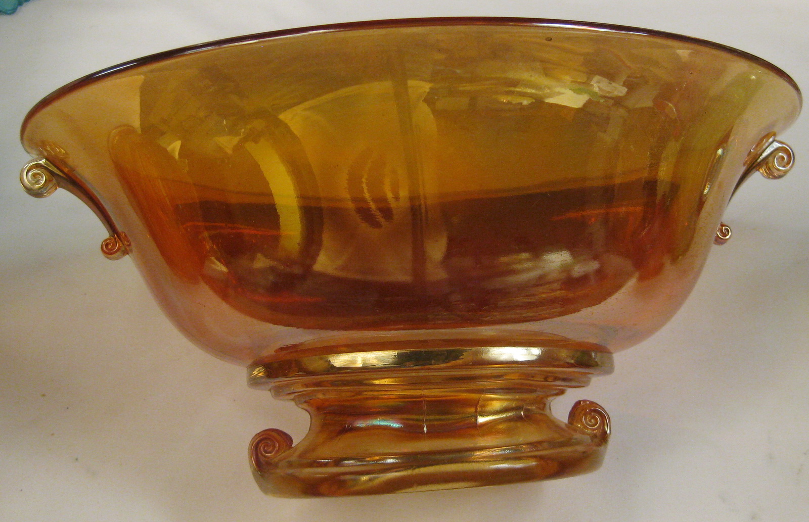 Antique Imperial Marigold Double Scroll Carnival Glass Console Set Antique Imperial Marigold Double Scroll Carnival Glass Console Set