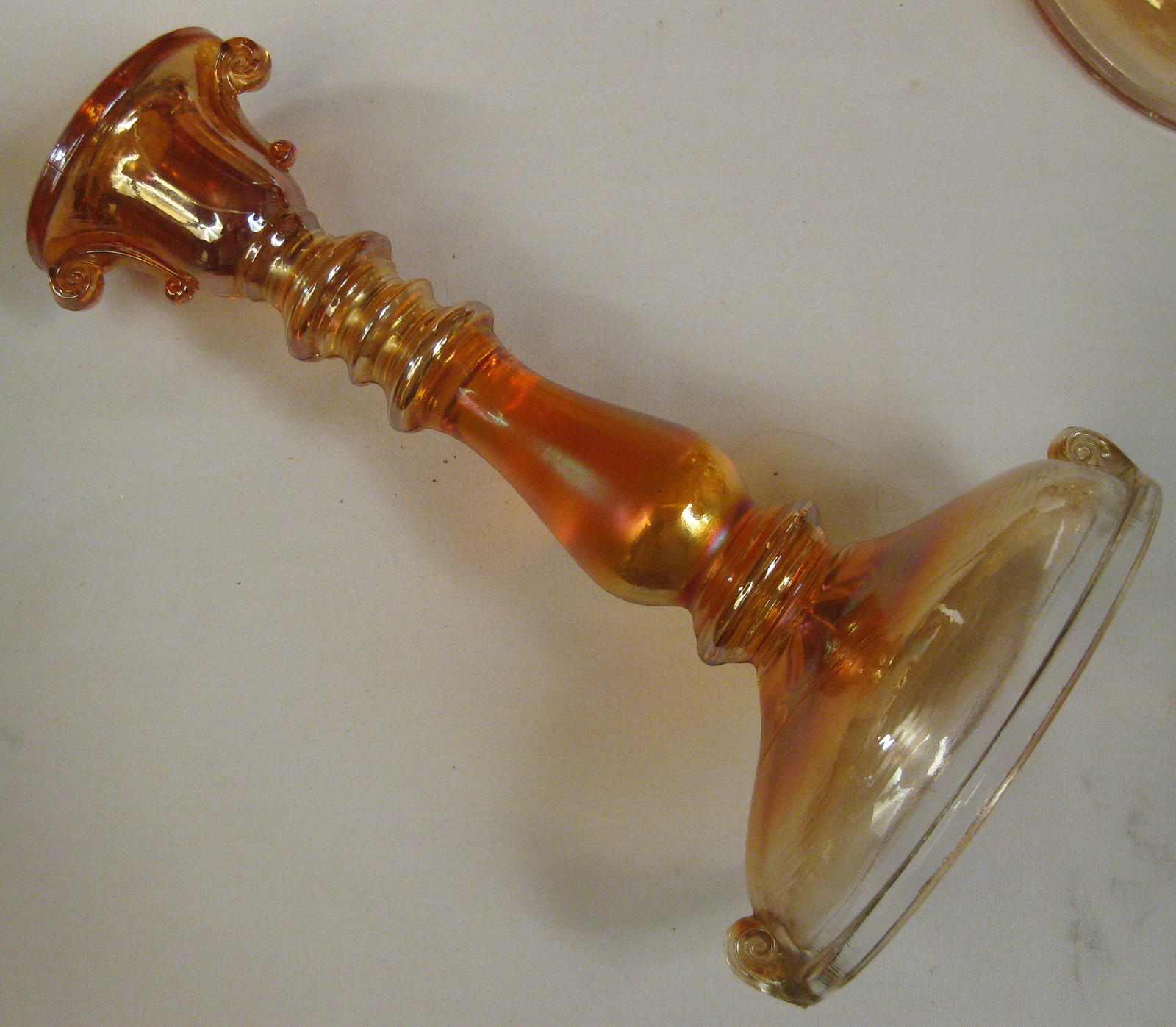 Antique Imperial Marigold Double Scroll Carnival Glass Console Set Antique Imperial Marigold Double Scroll Carnival Glass Console Set