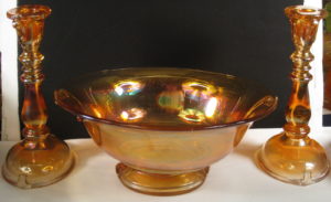 Antique Imperial Marigold Double Scroll Carnival Glass Console Set