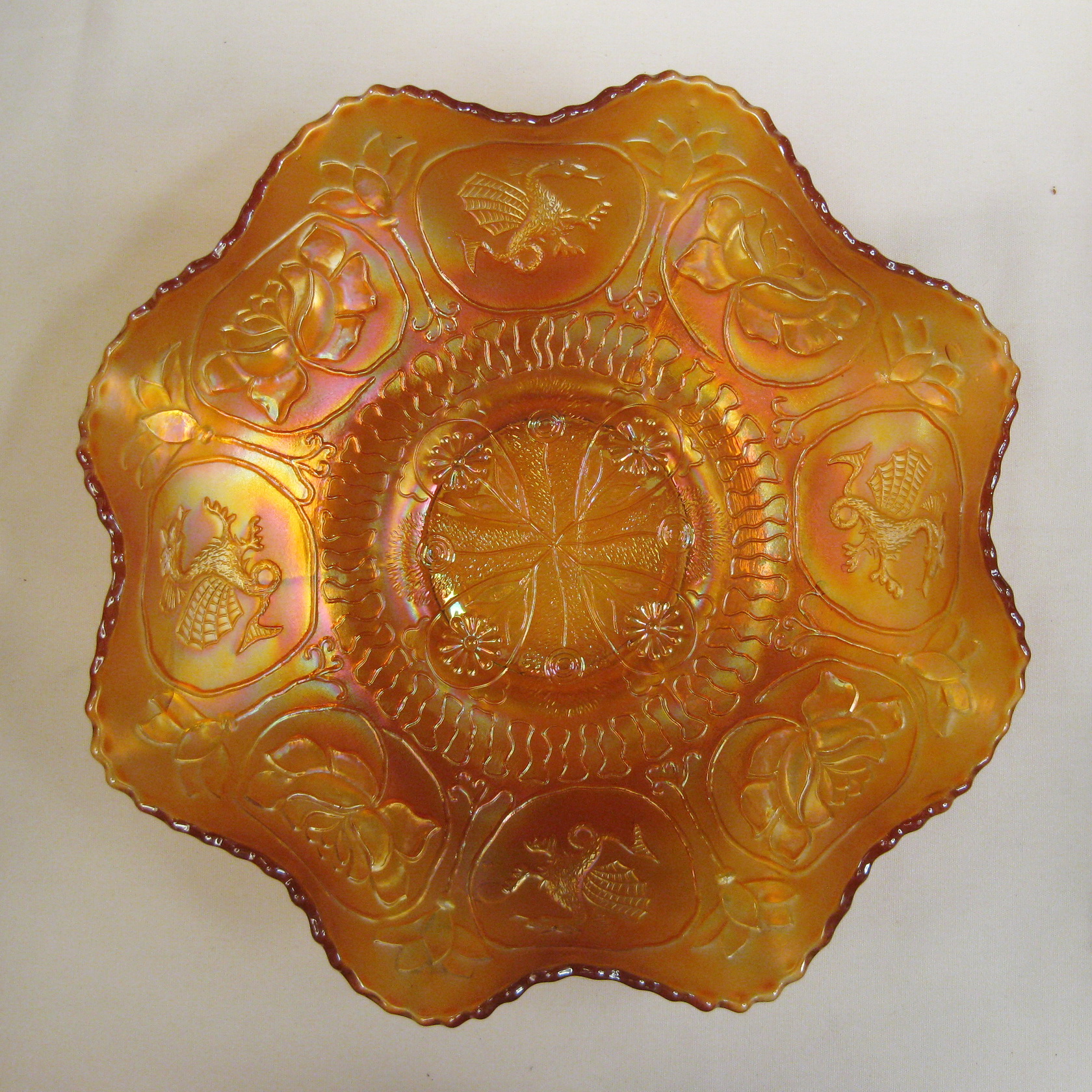 Antique Fenton Marigold Dragon & Lotus Carnival Glass Bowl Antique Fenton Marigold Dragon & Lotus Carnival Glass Bowl
