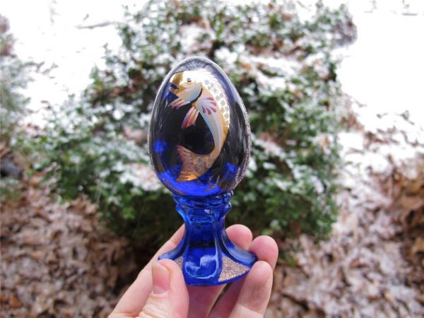 Fenton Koi Fish Cobalt Blue Handpainted Glass Egg Paperweight