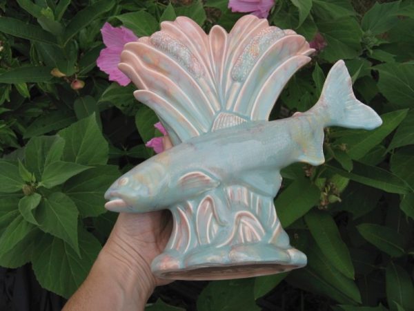 Early Beswick Art Deco Pottery Fish & Cattails Fan Vase