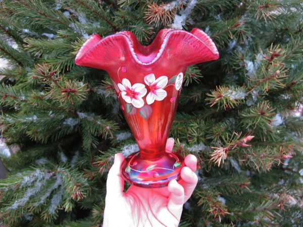 Fenton Red Handpainted Carnival Stretch Glass Vase