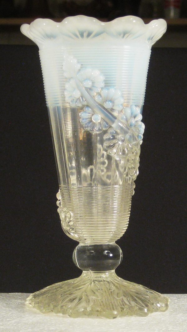 Antique Northwood White Opal Fluted Scroll with Vine Opalescent Glass Vase