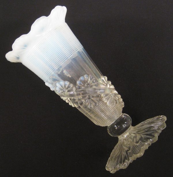 Antique Northwood White Opal Fluted Scroll with Vine Opalescent Glass Vase