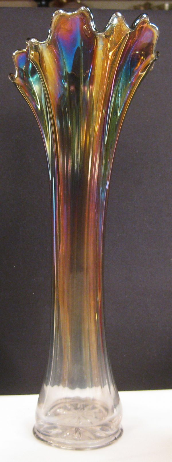 Antique Imperial Smoke Freefold Carnival Glass Swung Vase