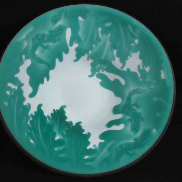 Kelsey Murphy Sea Green, Blue and White Gekko Art Cameo Glass Bowl