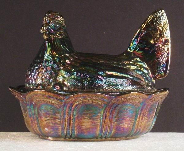 Fenton Amethyst Hen on Nest Carnival Glass Covered Dish