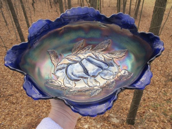 Antique Dugan Blue Peach & Pear Carnival Glass Large Oval Bowl