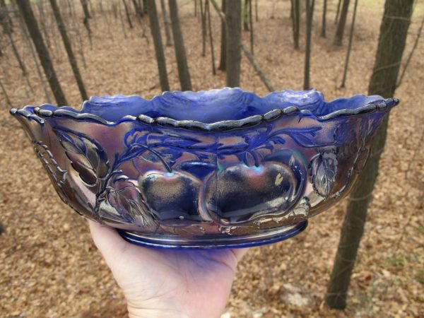 Antique Dugan Blue Peach & Pear Carnival Glass Large Oval Bowl