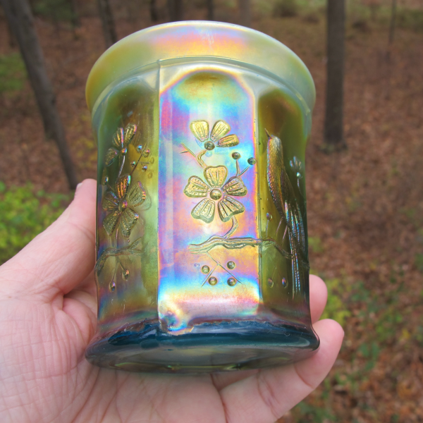 Antique Northwood Aqua Opal Singing Birds Carnival Glass Mug