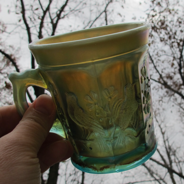 Antique Northwood Aqua Opal Singing Birds Carnival Glass Mug