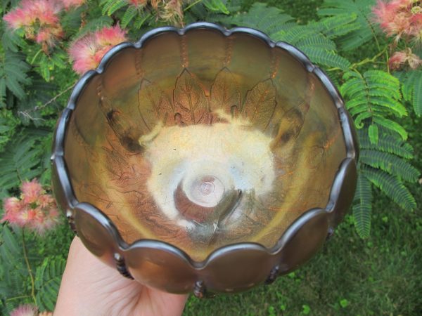 Antique Northwood Smokey Lavender Leaf & Beads Carnival Glass Rose Bowl