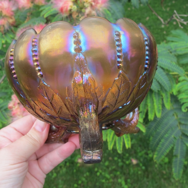 Antique Northwood Smokey Lavender Leaf & Beads Carnival Glass Rose Bowl