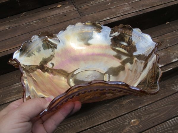 Antique Dugan Marigold Stork & Rushes Carnival Glass Punch Bowl & Base