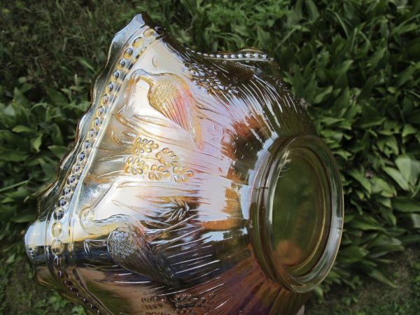 Antique Dugan Marigold Stork & Rushes Carnival Glass Punch Bowl & Base