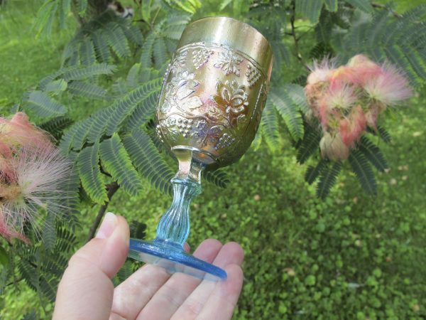 Antique Fenton Aqua Wine & Roses Carnival Glass Wine Goblet