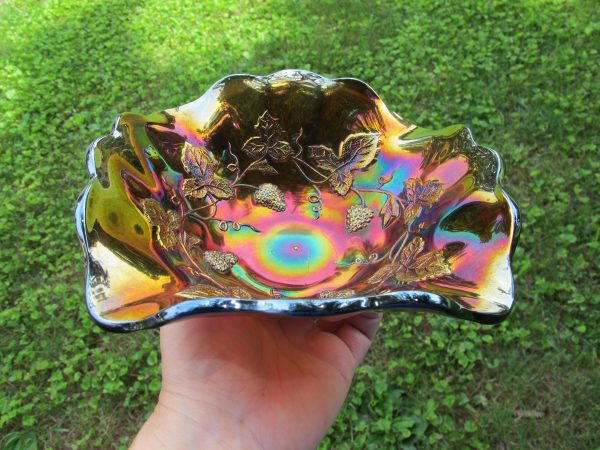 Antique Millersburg Amethyst Strawberry Wreath Carnival Glass Square Bowl