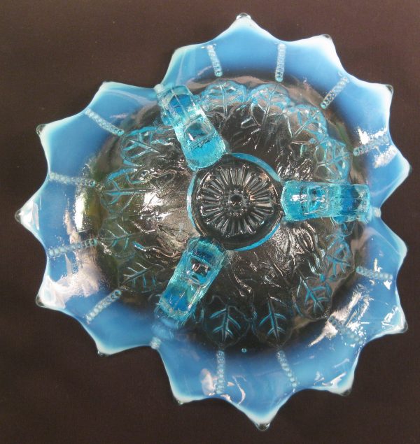 Antique Northwood Blue Opal Leaf & Beads Opalescent Glass Tri-corner Bowl