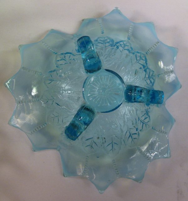 Antique Northwood Blue Opal Leaf & Beads Opalescent Glass Tri-corner Bowl