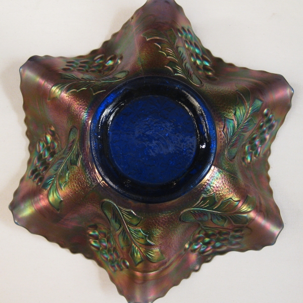 Antique Fenton Cobalt Blue Leaf Chain Carnival Glass 6-Ruffle Bowl