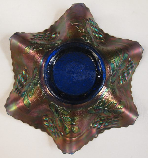 Antique Fenton Cobalt Blue Leaf Chain Carnival Glass 6-Ruffle Bowl