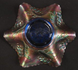 Antique Fenton Cobalt Blue Leaf Chain Carnival Glass 6-Ruffle Bowl