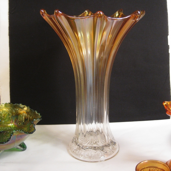 Antique Imperial Marigold Morning Glory w/Snowflake Carnival Glass Funeral Vase