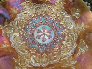 Antique Dugan Peach Opal Garden Path Variant Carnival Glass Bowl