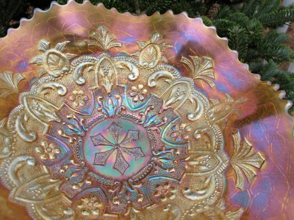 Antique Dugan Peach Opal Garden Path Variant Carnival Glass Bowl