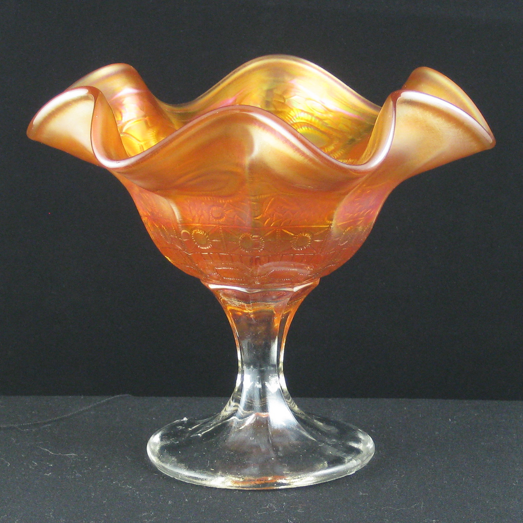 Carnival Glass Compote Satin Marigold Colored Stem