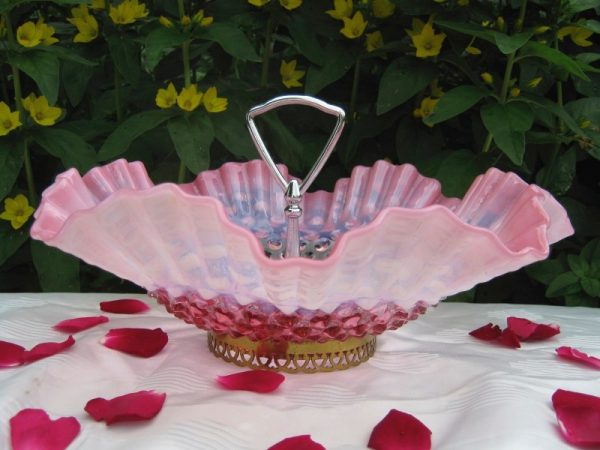 Antique Fenton Cranberry Opal Hobnail Opalescent Glass Tidbit Bowl