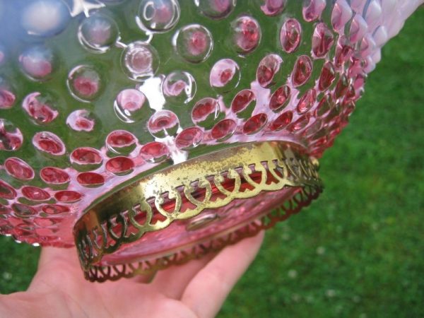 Antique Fenton Cranberry Opal Hobnail Opalescent Glass Tidbit Bowl